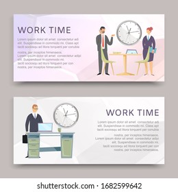 Time to work business corporate process, workplace, banners set vector illustration. Office workers woman and man at computer desk with big clocks and typography.