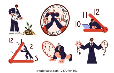 Time work. Clock is money. People organize break to watch deadline. Schedule of woman. Business finance planner. Organization timescale. Agenda management. Busy businessman. Vector timing concepts set