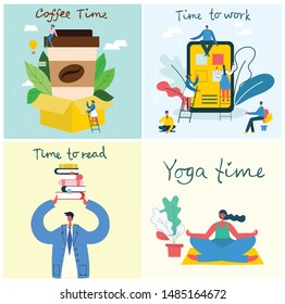 Time to work, Coffee time, Time to read and Yoga time backgrounds. Flat design graphic elements.
