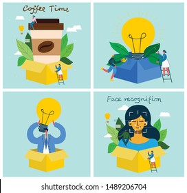 Time to work, Coffee time, Start up backgrounds. Flat design graphic elements.