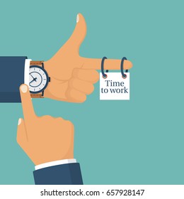 Time to work concept. Template design. Wristwatch on man's hand. Signboard on finger with text. Reminder of responsibility. Punctuality. Vector illustration flat style. Isolated on background.