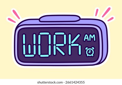 Hora de trabajar, dibujo de dibujos animados de despertador digital. Pantalla led que muestra el texto "Trabajo". Divertido dibujado a mano doodle, ilustración de arte de Clip de Vector.