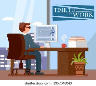 Time to Work Flat Vector Illustration with Text. HR Manager Looking at Candidates Social Profiles. Man Working on Computer. Office Interior. CV, Resume in Folder. Pile of Papers, Documents