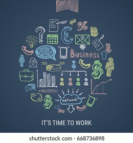 Time to work hand drawn colorful business icons in round shape on dark background isolated vector illustration