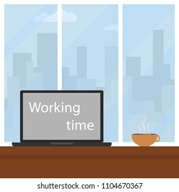 Time to work. The laptop on the desktop in the office with the inscription - it's time to work. Flat design, vector illustration, vector.