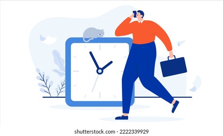 Time for work - Man in business being busy talking on phone holding briefcase and walking past big clock. Flat design cartoon vector illustration with white background
