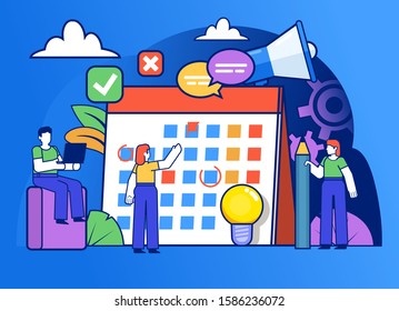 Time, work management. Group of people stand near big calendar. Poster for social media, web page, banner, presentation. Flat design vector illustration