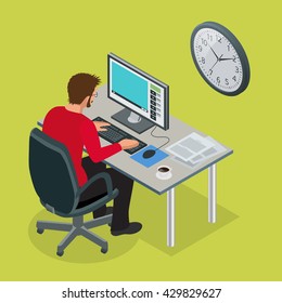 Time to work or Time management project plan schedule. Sand clock flat 3d vector isometric illustration. Business man working background with laptop table. 