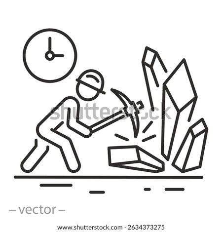 time work in a mine, natural resources mining icon, crystals extraction, linear vector illustration