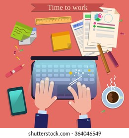 Time to Work. Modern Workplace Top View on Desk with Laptop and Office Accessories. Vector illustration in flat style