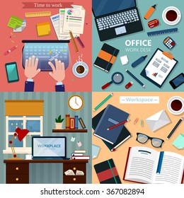 Time to Work. Modern Workplaces at Office and Home with Laptop and Accessories. Vector illustration in flat style