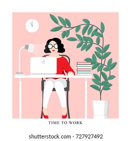 Time to work, work on laptop, workplace. Vector illustration.
