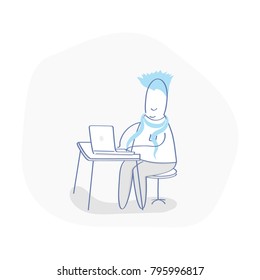 Time to work, work on laptop, workplace. Cute cartoon adult man working working on computer vector illustration. Freelancer character working with laptop sitting on cute chair. Office work.