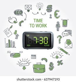 Time To Work Round Composition With Hand Drawn Business Icons Around 3d Electronic Clock Isolated Vector Illustration