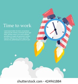 Time to work. Time is running out. Clock on the Rocket soaring up .Vector Design