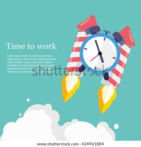Time to work. Time is running out. Clock on the Rocket soaring up .Vector Design