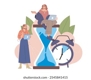 Time to work. Women with tablets near huge hourglass and clocks. Time management and efficient workflow organization. Planning and scheduling. Flat vector illustration isolated on white background