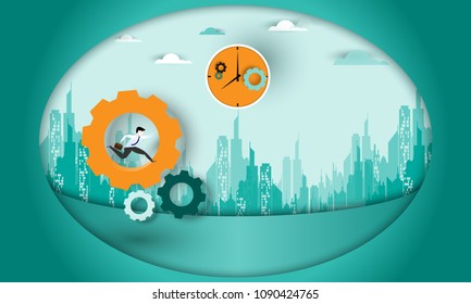 Time of work,Businessman running in gear or cog sign with watch on city landscape background. Concept business vector illustration eps10.