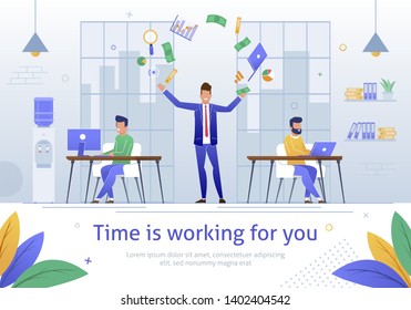 Time Is Working For You Banner Vector Illustration. Businessmen Sitting At Table With Computer, Laptop In Office. Cartoon Male Character Throwing Or Juggling Laptop, Money, Charts, Magnifying Glass.