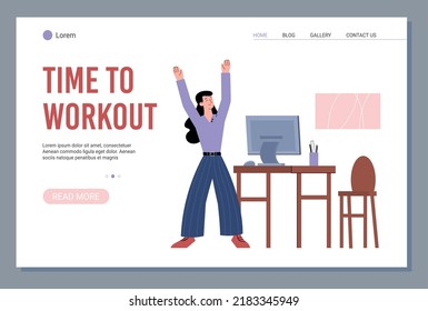 Zeit zum Training im Bürokonzept der Website-Seite, flache Cartoon Vektorgrafik. Sportliche Fitness Pause am Arbeitsplatz für Gesundheit und Produktivitäts-Wartung.
