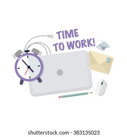 Time to work.Workplace with laptop,clock,pencil and envelope.Vector Design