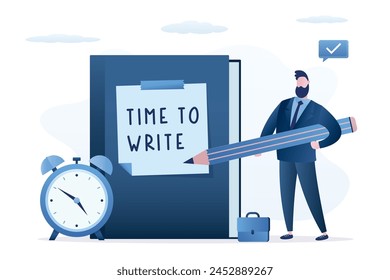 Time to write, smart businessman or student holds pencil and notepad writing down lecture plan, blog or keeping diary. Writer or blogger uses notepad or book for work. time management. flat vector