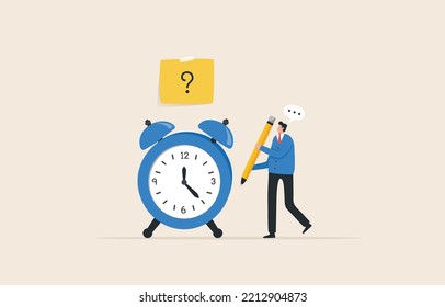 Time to Write, writing theme. question mark. sets the work deadline or the weekly plan. businessman holding a pencil standing thinking and questioning a clock.