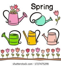 Time of year - Spring. Elements for seasonal calendar. Hand-drawn ice cream, watermelon, lemonade, kite and clouds.  Vector illustration in doodle style for yearbooks and calendars.