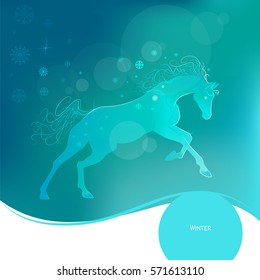 Time year - winter. Brightly glowing vector illustration of a galloping horse. Juicy blue aquamarine background. Design elements