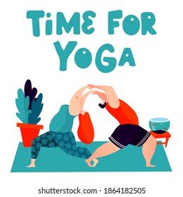 Time for yoga. Acroyoga couple. Concept illustration for spending time together, life balance, love and well being. Trendy cartoon style characters.