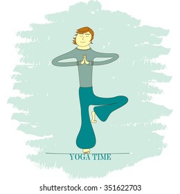 Time yoga. Cartoon man in the tree pose (Vrikshasana). Blue background