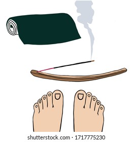 Time to yoga. Yoga mat and human legs. Wooden incense stick holder isolatedIndian aromatherapy and meditation. Vector stock illustration. Logo style for spa center or yoga studio.