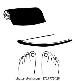 Time to yoga. Yoga mat and human legs.  Incense sticks on incense with smoke  Wooden incense stick holder isolatedIndian aromatherapy and meditation. Vector stock illustration. For cards, posters.