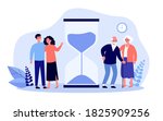 Time of young and senior people. Couples standing near hourglass flat vector illustration. Age, lifespan, generation concept for banner, website design or landing web page