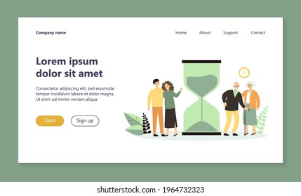 Zeit der jungen und älteren Menschen. Paare, die in der Nähe von Stundenglas stehen, flache Vektorgrafik. Alter, Lebensdauer, Erzeugungskonzept für Banner, Website-Design oder Landing-Webseite