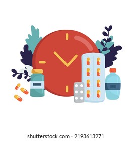 Time for your medicine, Medicine time concept. Medicine bottle, capsules, pills with clock on background in flat design. Medication time.