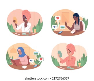 Time for yourself 2D vector isolated illustration set. Positive flat characters on cartoon background. Self care and digital detox colourful editable scenes for mobile, website, presentation pack