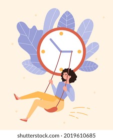 Time for yourself concept. Woman smiles and swings on hands of large clock. Rest and relaxation. Happy mom enjoy free time. Cartoon contemporary flat vector illustration isolated on pink background