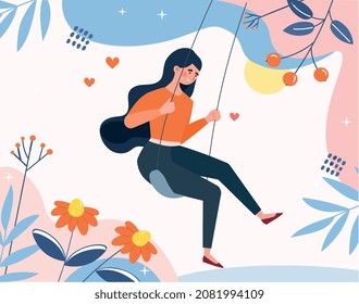 Time for yourself. Girl swinging on swing, character resting after hard day at work. Woman going with thoughts, pensive person. Solving psychological problems. Cartoon flat vector illustration