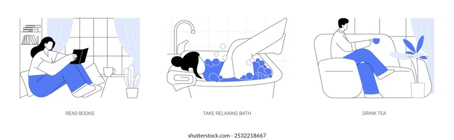 Time for yourself isolated cartoon vector illustrations set. Beautiful girl reading book alone, take relaxing bath, young person drink tea at home, sitting on a comfortable sofa vector cartoon.