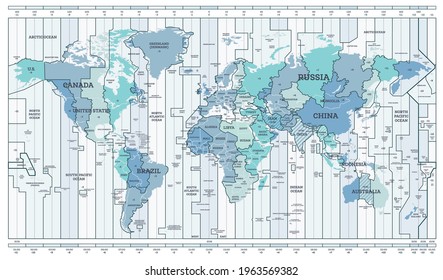 Time Zone Blue Map. Detailed World Map with Countries Names. Vector Illustration.