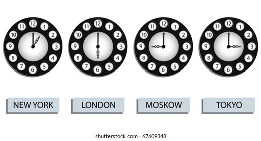 time zone clocks for four different countries against white background, abstract vector art illustration