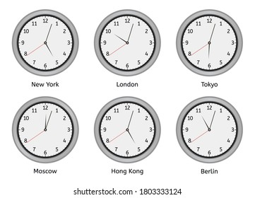 Time zone clocks. Modern wall round clock face, time zones day and night clock, world big cities time difference vector illustration set. Clock wall zone, hotel time berlin, hong kong and moscow