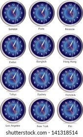 Time zone clocks, vector illustration