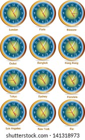 Time zone clocks, vector illustration