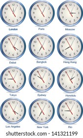 Time zone clocks, vector illustration