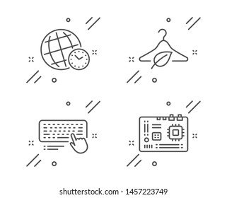 Time zone, Computer keyboard and Slow fashion line icons set. Motherboard sign. World clock, Pc device, Eco tested. Computer component. Science set. Line time zone outline icon. Vector