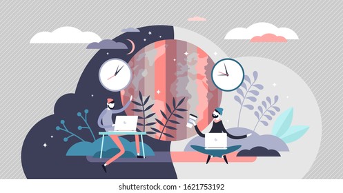 Time Zone Concept, Flat Tiny Persons Concept Vector Illustration. Modern Remote Freelance Work Day And Night Cycle. Global Network And Regional Differences. Globe With Stylized Areas And Clock Symbols