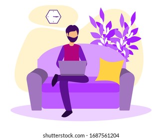 Time zone, freelance, work at home concept, flat vector illustration. Modern remote freelance work day and night cycle. Global network and regional differences. A man sitting on a sofa with a laptop