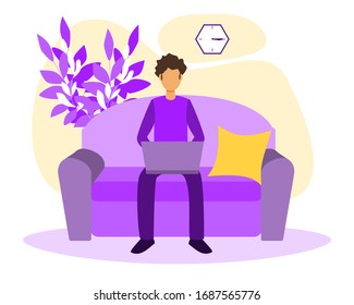 Time Zone, Freelance, Work At Home Concept, Flat Vector Illustration. Modern Remote Freelance Work Day And Night Cycle. Global Network And Regional Differences. A Man Sitting On A Sofa With A Laptop